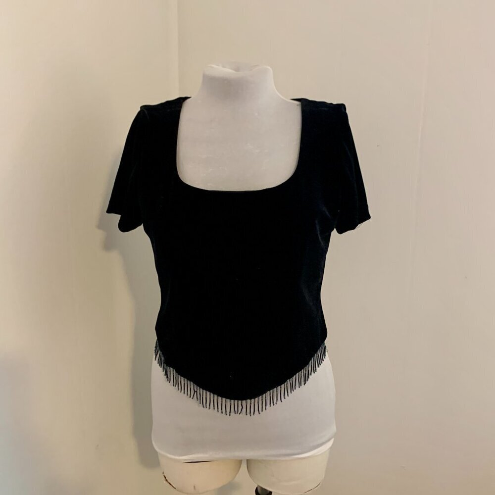 Ronni Nicole VTG 90 2000 y2k black velvet Beaded Crop Top Corset Square Ouida